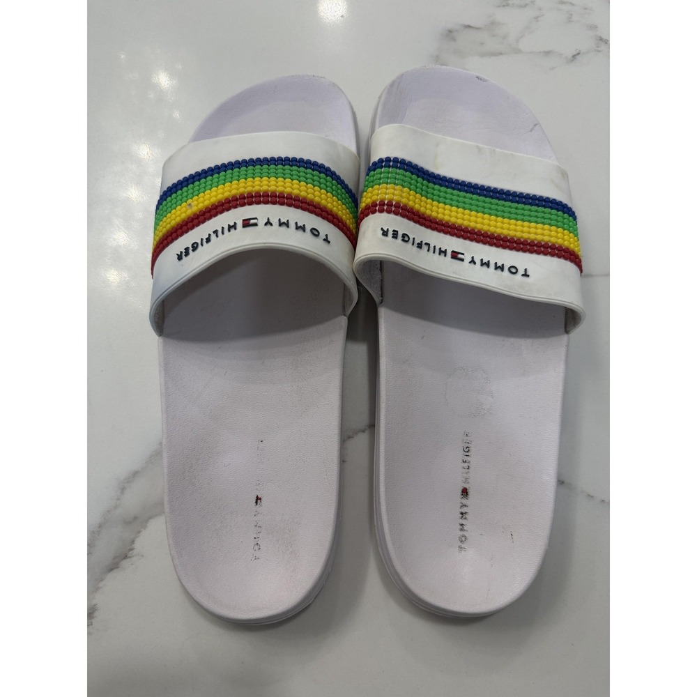 Tommy Hilfiger Shoes Mens Size 10 White Rainbow Slide Sandals Beaded Comfort